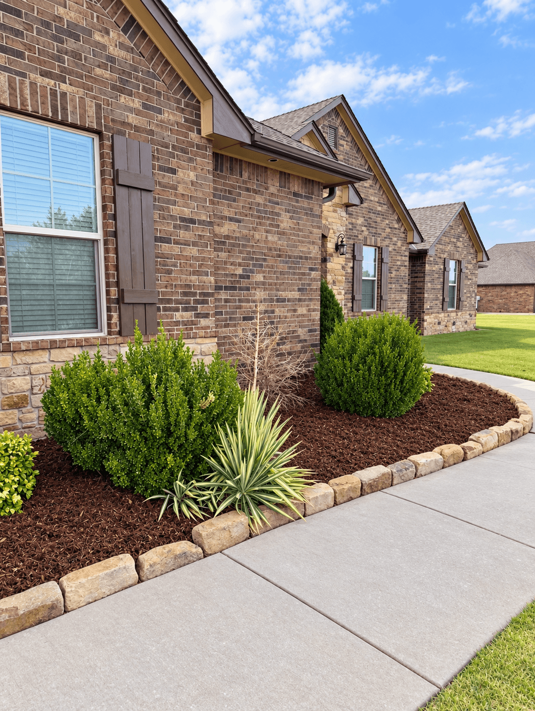 Clean mulched flower bed along a home